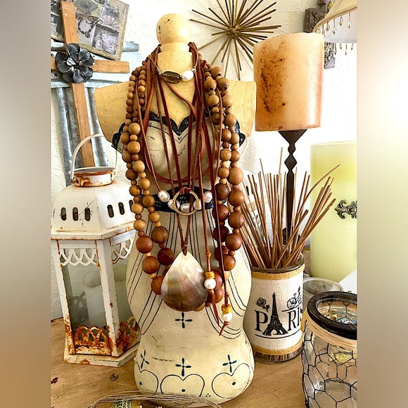 Gorgeous Nature Natural Wooden Bead Necklace Collection w Pearls, Abalone, Jute - Picture 8 of 12